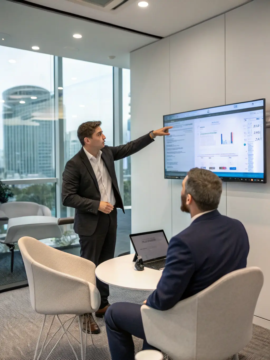 An IT consultant advising a client in a modern office setting, highlighting AAA Fox Enterprises' IT consultancy and professional services.